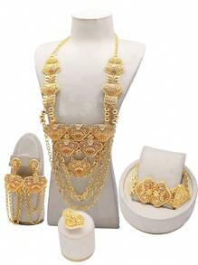 1 Set (2 piezas de aretes, 1 pieza de anillo, 1 pieza de brazalete, 1 pieza de collar) de aleación de cobre bañado en oro de 24K con diseño exagerado de estilo nupcial de Medio Oriente y Dubai para mujeres