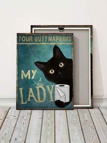 1 pieza Cuadro de pared de lienzo divertido para baño impresión de imagen de gato negro decoración de inodoro, su servilleta mi dama cartel teja sin marco arte de animales para decoración de baño