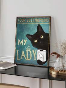 1 pieza Cuadro de pared de lienzo divertido para baño impresión de imagen de gato negro decoración de inodoro, su servilleta mi dama cartel teja sin marco arte de animales para decoración de baño