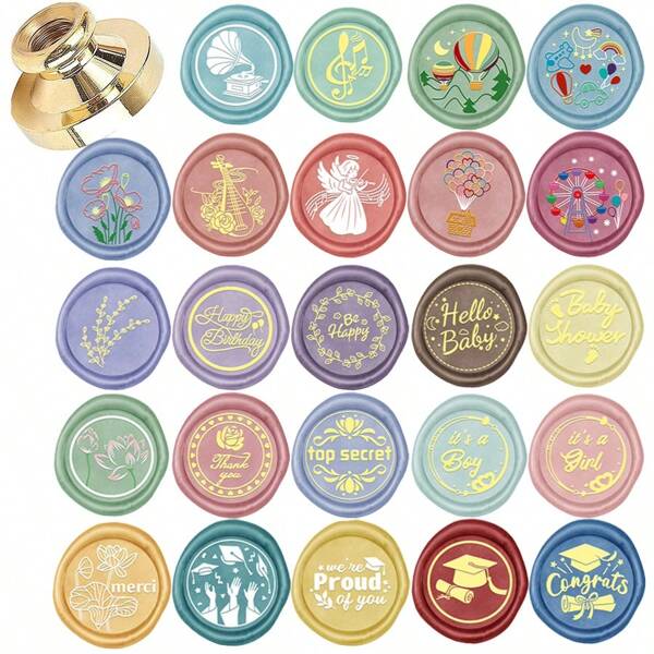 Cabezal de sello de cera de latón con temática de celebración de vacaciones, para decorar invitaciones de graduación, tarjetas de felicitación, regalos y embalaje exterior de vino, con diseños de flor, ángel, globo aerostático, pipa, birrete de graduado, y saludos en inglés