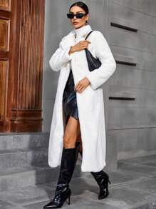 Women's Solid Color Lapel Collar Long Fluffy Coat For Autumn/Winter - White - View 7