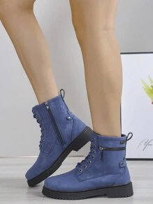 Stivali alla caviglia da donna con punta tonda, in stile patchwork, con lacci e cerniera laterale, di colore unito, super cool, versatili, in stile britannico, adatti per la città e per uso all'aperto - Blu - Visualizzare 8