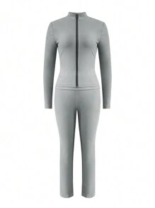 LovelyWholesale 女式休闲立领长袖拉链基本款裤子套装