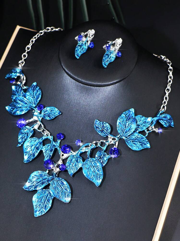 1 套奢华水晶叶形项链和耳环首饰套装，女士新娘婚礼配饰 - 花朵 - 查看 8