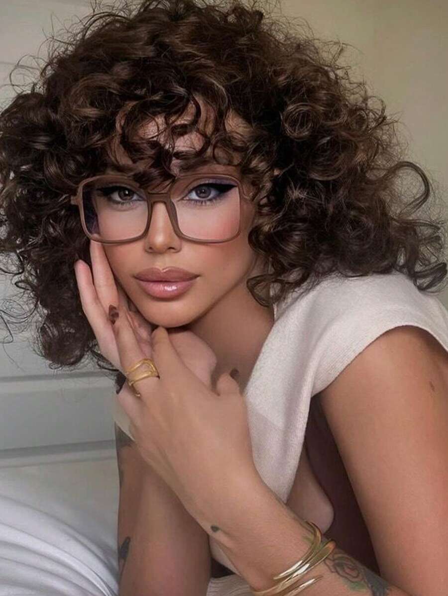 1pc Square Large Frame Clear Lens Glasses With Metal Legs - màu nâu - Xem 1