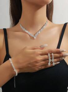 Bộ 4 chiếc/Bộ dây chuyền mặt hình học đính đá Rhinestone hoàn chỉnh, hoa tai, vòng tay Bộ trang sức, Thích hợp cho phụ nữ đi làm hàng ngày, hẹn hò ở trường, đám cưới, tiệc tùng, quà tặng ngày lễ tình nhân Valentine - Bộ dây chuyền tinh tế - Xem 12