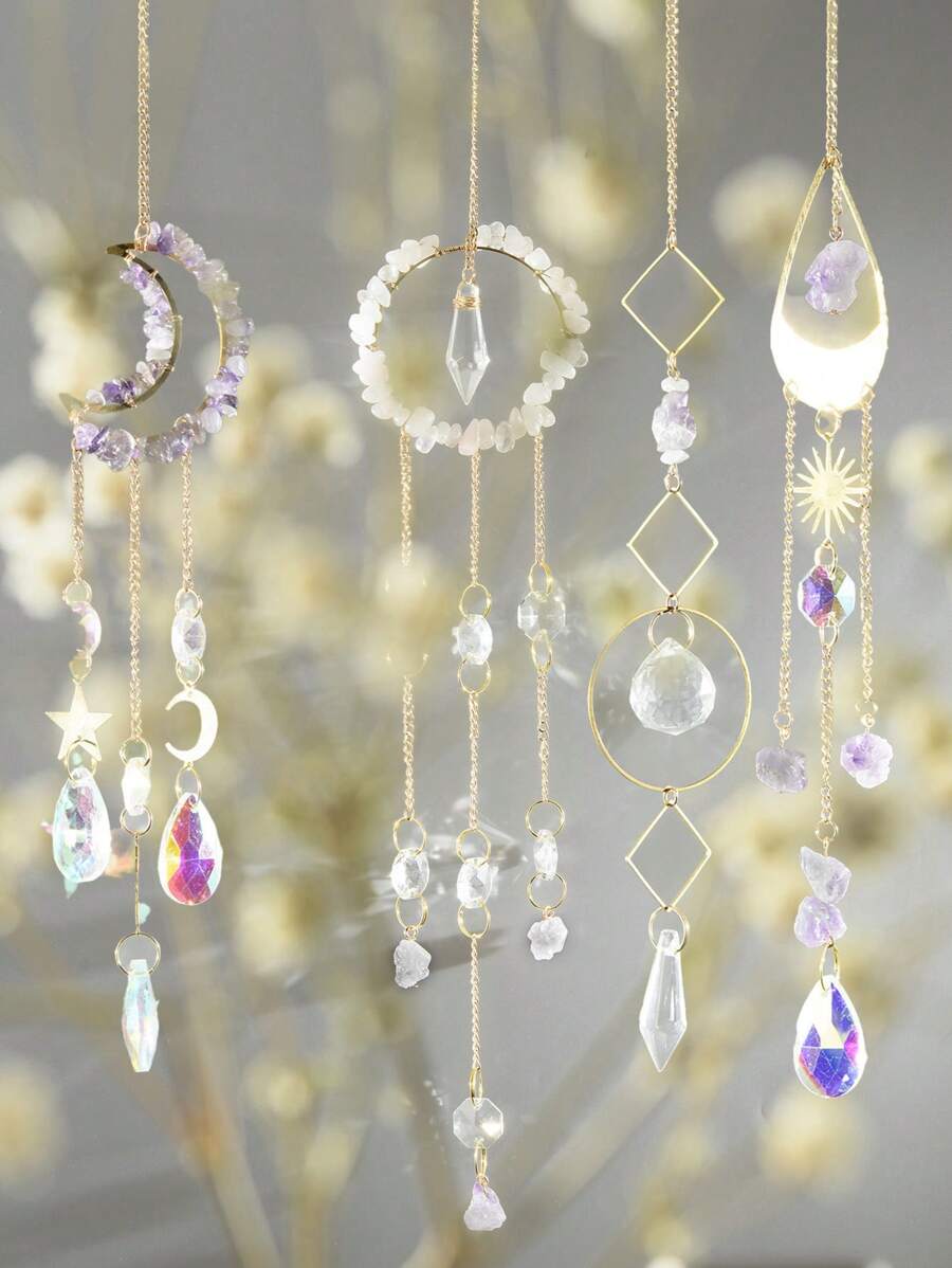 1 个带彩虹制作器的太阳捕捉棱镜，天然紫水晶汽车后视镜，能量石祝福挂饰，水晶捕梦网精美挂饰，植物防鸟挂饰，户外庭院装饰，客厅装饰节日礼物