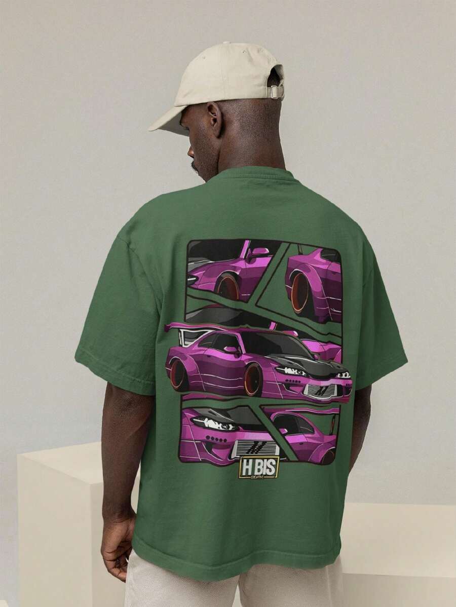 Men's Oversized T-Shirt 100% Premium Cotton Car BIS Streetwear Shirt - 軍綠色 - 查看 1