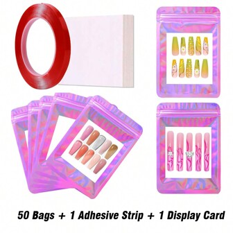 Fake Nails Storage Bag,Empty Holographic Nail Storage Bag,Press On Nail Packaging,Nail Charms Storage,Jewelry Storage, Container,Nail Tips Packaging Bags With 1 Roll Transparent Tape And 1Pc Display Card,Multi-Functional Storage Bag