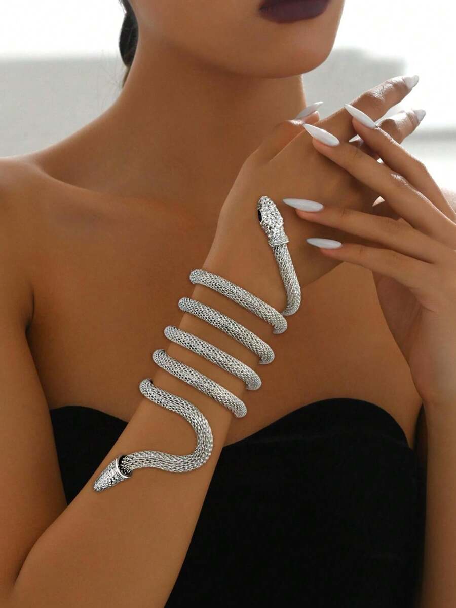 1 chiếc vòng tay rắn giả thời trang có thể điều chỉnh và quấn quanh được trang trí bằng pha lê