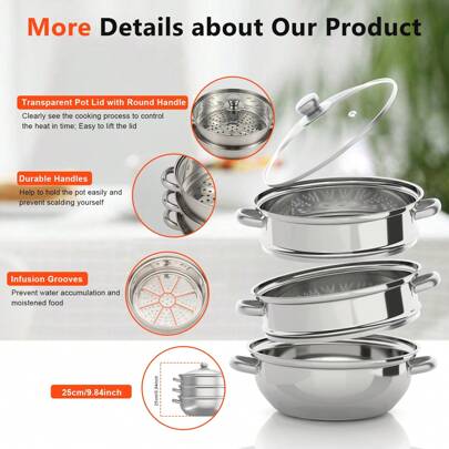 3 Tier Steamer Cooker Pot Stainless Steel Veg Noodle Pan Food W/Glass Lid 28CM