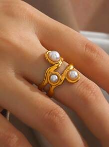 1pc High-End Luxury Pearl Inlaid Stainless Steel Open Ring, Fashion Retro Design, Suitable For Women's Ball & Party Wear - Yellow Gold - View 9