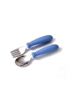 1set 2pcs Silicone & Stainless Steel Fork And Spoon Set, Baby Self-Feeding Training Cutlery, Children Tableware Tong Spoon - Multicolor - View 10