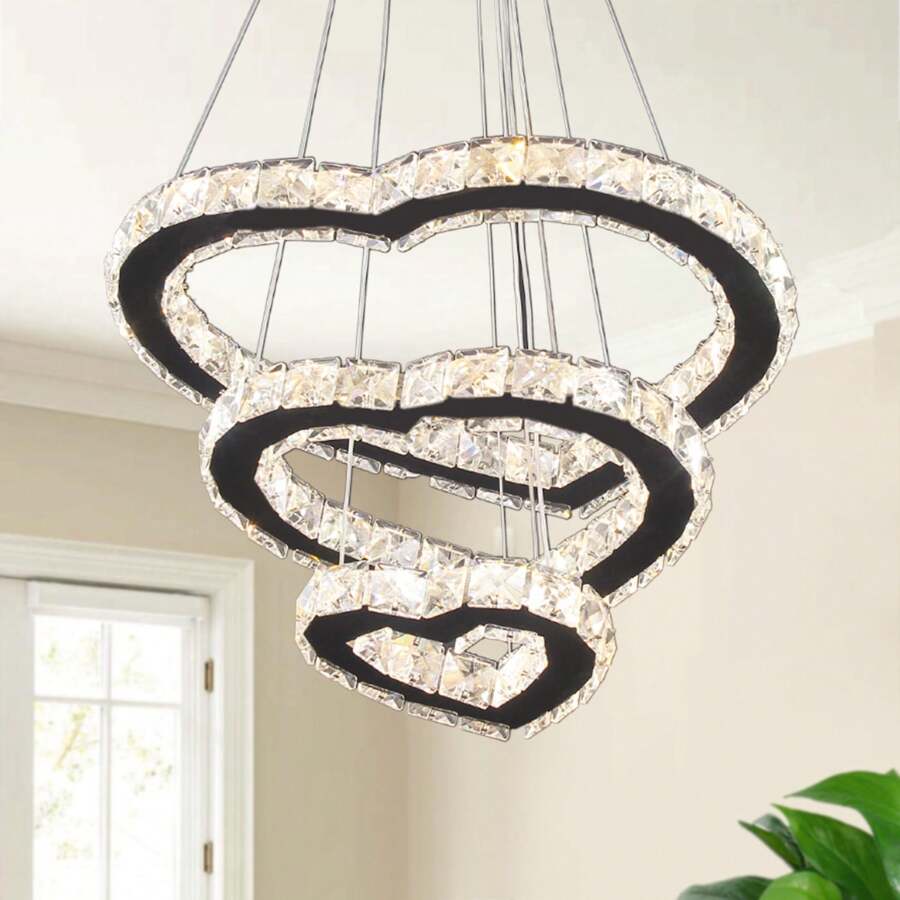 Winretro Modern Crystal 3 Heart Rings LED Chandelier Light Fixture Pendant Lighting Hanging Lamp For Living Room Dining Room Kitchen Bedroom (Heart Warm White Multicolor)