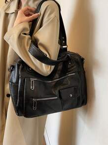 1 件复古大容量手提包，复古 PU 单肩流浪包，女士休闲手提包和钱包 - 黑色 - 查看 8