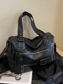 1 件复古大容量手提包，复古 PU 单肩流浪包，女士休闲手提包和钱包 - 黑色 - 查看 4