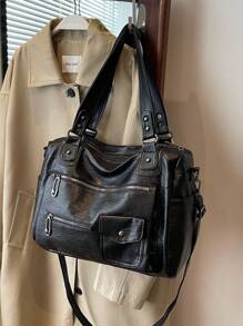 1 件复古大容量手提包，复古 PU 单肩流浪包，女士休闲手提包和钱包 - 黑色 - 查看 3