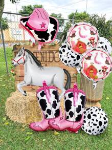 9 件套西部主题女士生日气球套装，包含粉色女牛仔靴、白马、奶牛印花和帽子铝箔气球，非常适合女生夜间外出派对、西部主题生日、迪斯科女牛仔比赛、赛马、动物主题派对， - 彩色 - 查看 4