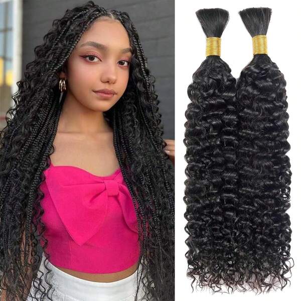 Echthaar Zöpfe Wasser Welle 2 Bündel je 100g Echthaar Massenhaar zum Flechten ohne Haarverlängerungen 12A Brasilianisches Jungfrau-Locken-Echthaar Extensions für Boho-Zöpfe (35-71cm)