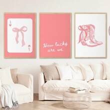 3 件/套无框粉色扑克牌和牛仔靴帆布印刷复古我们有多幸运励志口号帆布印刷墙壁艺术海报适用于现代客厅卧室和时尚大学公寓宿舍装饰送给女牛仔的完美礼物 - 彩色 - 查看 2