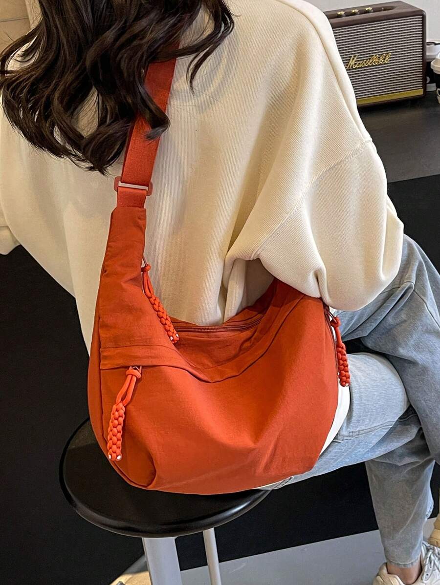 Fashionable Yellow Nylon Waterproof Shoulder Bag With Simple & Casual College Style, Wide Strap, Multiple Zipper Design Suitable For Students, Shopping, Daily Use, Shoulder Bag For School - 橘色 - 查看 1
