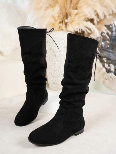 Women's New Faux Suede Fleece Lace-Up Over-The-Knee Boots, Slim Fit, Stretchy, Classic , Ideal With Dresses