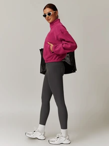 MASKERT Áo khoác lông cừu ngắn cho nữ có khóa kéo cổ đứng, đơn giản và thoải mái, áo khoác ngắn có khóa kéo ấm áp - Màu Hồng Tươi - Xem 6