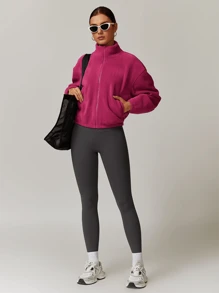 MASKERT Áo khoác lông cừu ngắn cho nữ có khóa kéo cổ đứng, đơn giản và thoải mái, áo khoác ngắn có khóa kéo ấm áp - Màu Hồng Tươi - Xem 8