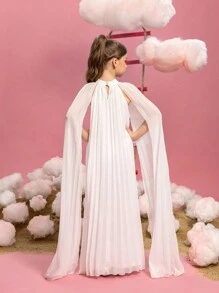 Tween Girls Stand Collar Ruched Extra Long Sleeve Chiffon Party Dress - White - View 3