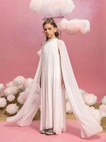 Tween Girls Stand Collar Ruched Extra Long Sleeve Chiffon Party Dress - White - View 7