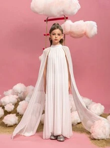 Tween Girls Stand Collar Ruched Extra Long Sleeve Chiffon Party Dress - White - View 2