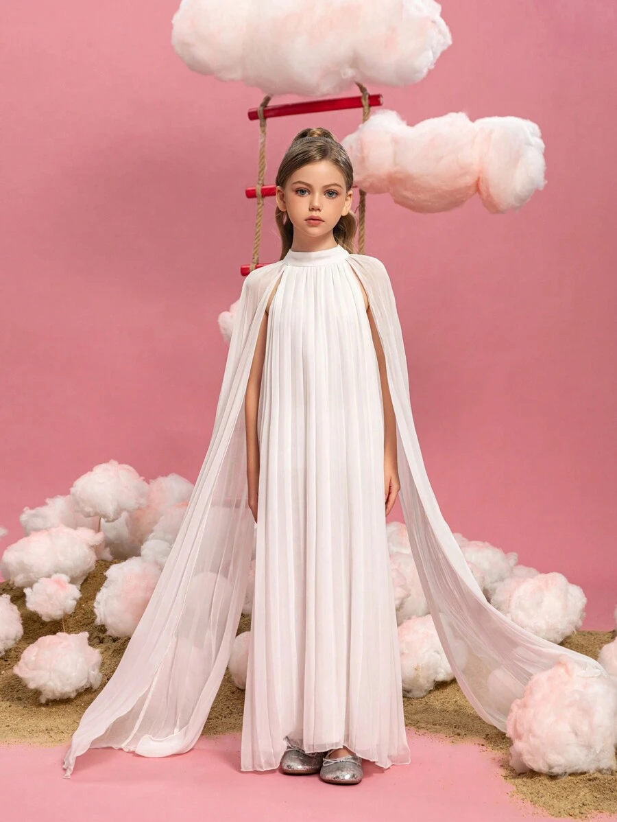 Tween Girls Stand Collar Ruched Extra Long Sleeve Chiffon Party Dress