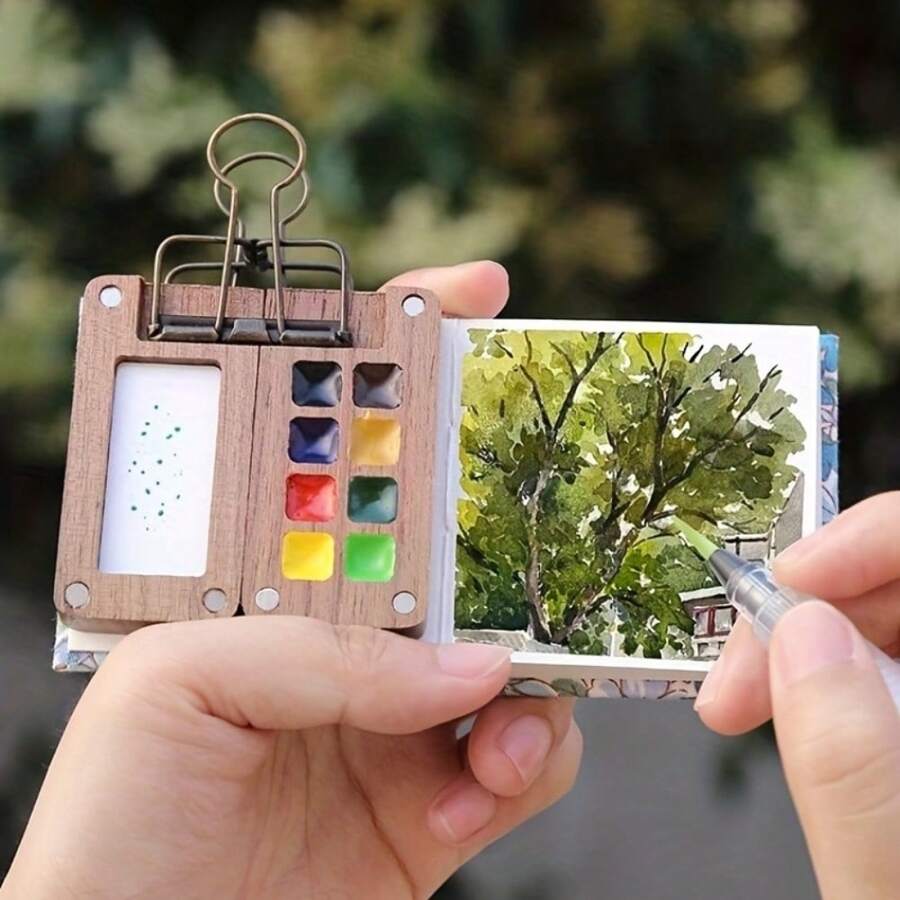 Mini Paint Box Outdoor Sketching Portable Paint Dispenser Box 8 Compartments Walnut Paint Box Handmade Magnetic Portable Paint Box For Nail Art - 核桃 - 查看 1