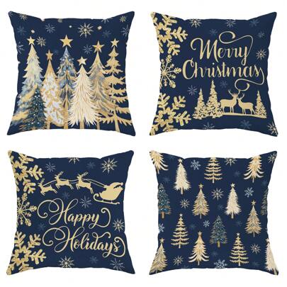 4 fundas de cojín decorativas con estampado navideño de árbol, copo de nieve y reno en terciopelo azul y dorado, de 45cm x 45cm, ideales para decorar el living, dormitorio y sofá en Navidad e invierno, sin relleno