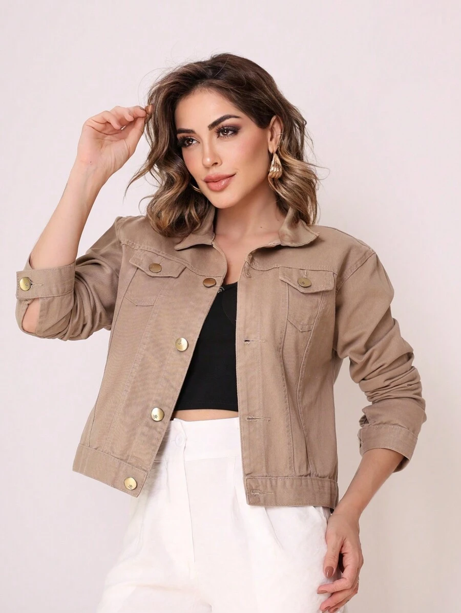 Women's Fashion Denim Jacket 100% Pure Cotton, The Fabric Has No Elasticity - 米色 - 查看 1