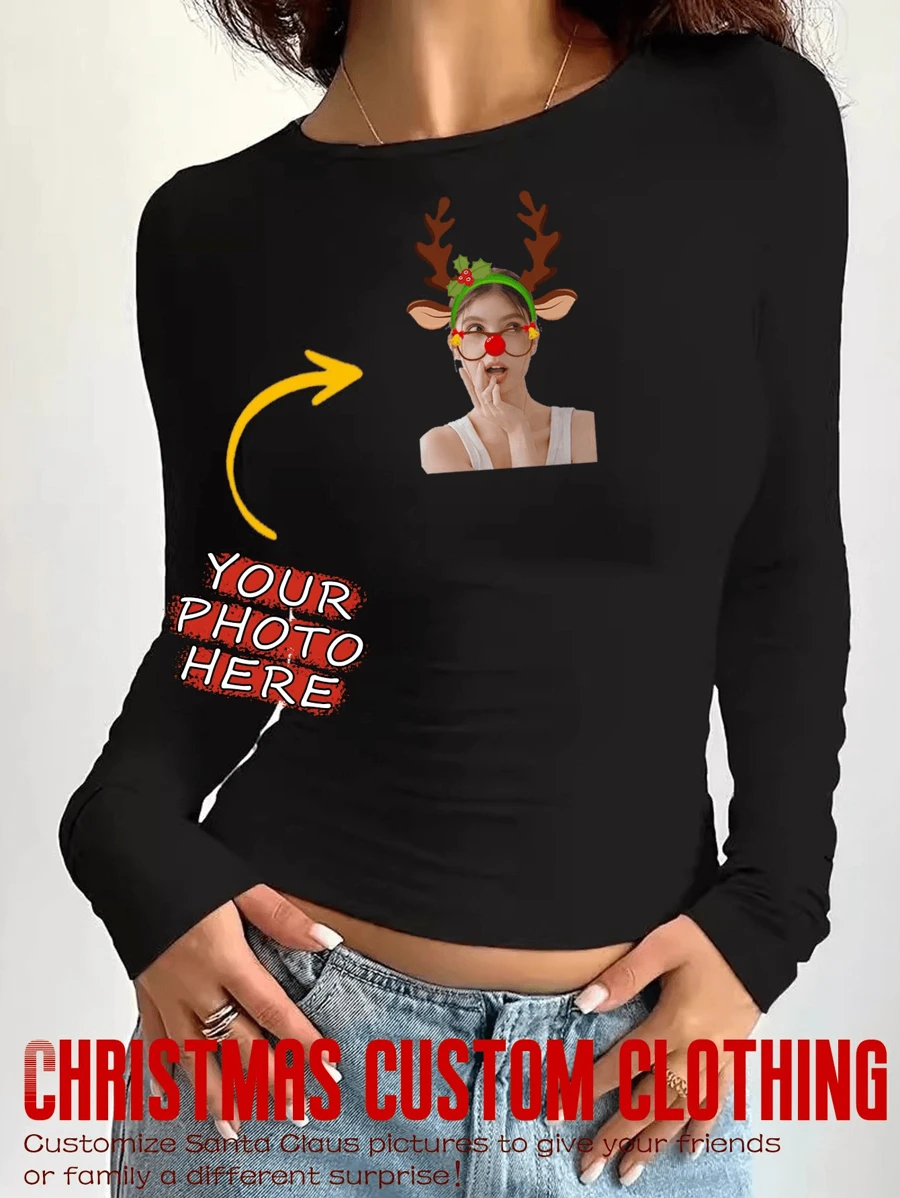 定制女士圣诞时尚印花纯色修身圆领短款长袖趣味 T 恤 - 黑色 - 查看 1