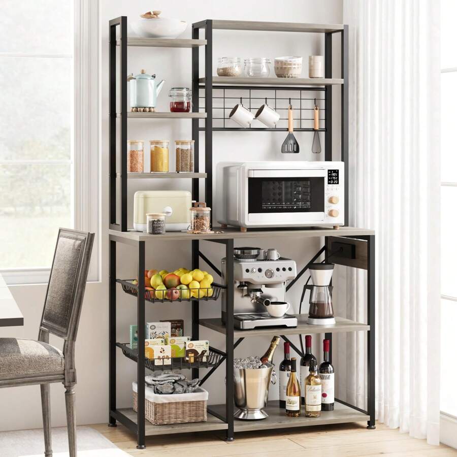 Bakers Rack, Microwave Stand With 2 Wire Drawer, Industrial Coffee Bar