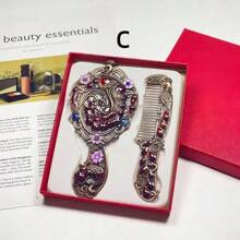 Exquisite Small Relief Antique Peacock Open Screen Handheld Mirror & Portable Creative Sense Comb, Gift Box With Greeting Gifts And Birthday Gifts,The Color Of The Gemstones Inlaid In The Product Is Random,Women Valentine Gift Birthday Boyfriend Girlfriend