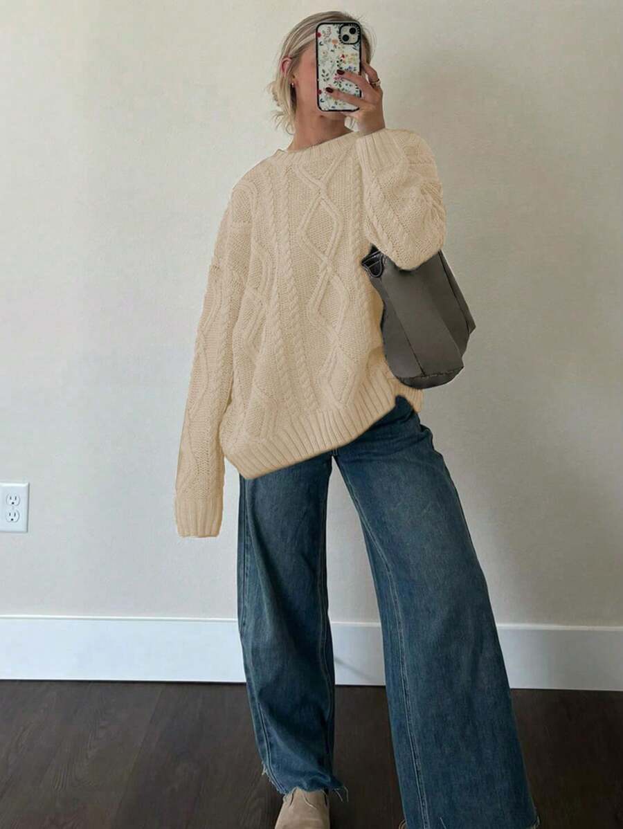 FOR BEAUTY Autumn And Winter New Round Neck Twisted Flower Long Sleeve Knitted Sweater Tops Women Loose Apricot Simple Fashion Commuting Style Women's Sweater Apricot Long Sleeve Casual Lazy Style Warm Top - Màu be - Xem 1