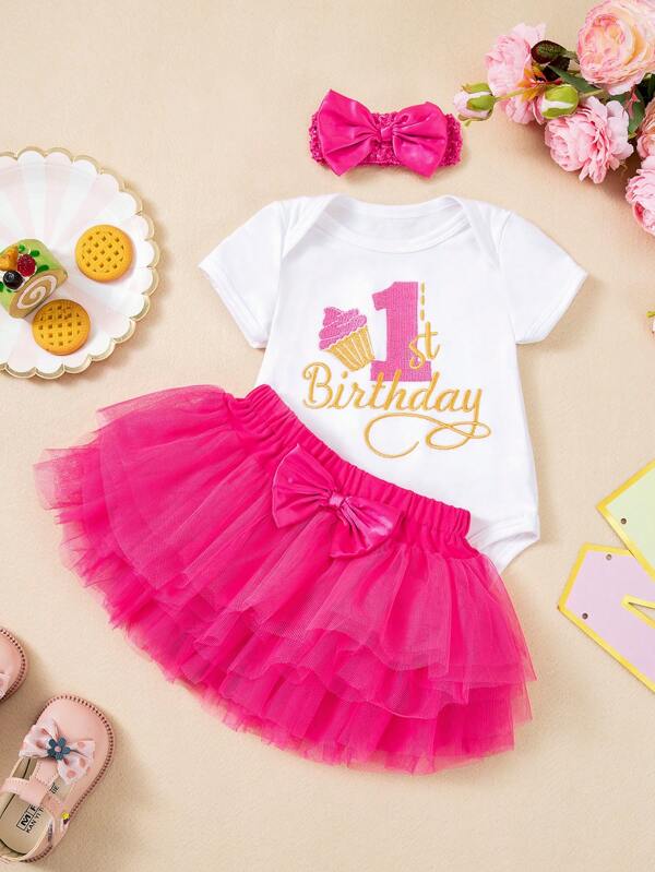 Set de 3 piezas para fiesta de cumpleaños de niña bebé: body bordado con letra, falda de tul colorida, diadema; atuendo para sesión de fotos, apto para todas las estaciones
