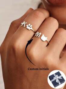 1 pieza Anillo con inicial personalizada, Anillo en forma de garra de gato lindo, regalo para ella, anillo ajustable abierto de acero inoxidable, anillo para el dedo, regalo para amantes de las mascotas, regalo conmemorativo de mascotas, regalo de San Valentín