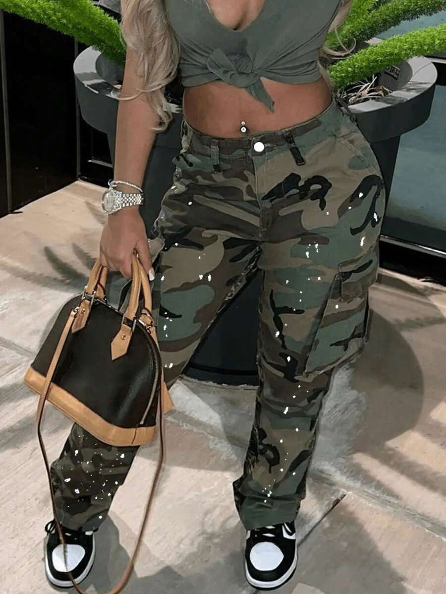 迷彩美式街頭風休閒青年時尚牛仔褲 春秋款 - 軍綠色 - 查看 1