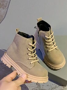 1 Pair Of Simple And Fashionable Small Short Boots, Solid Color Straps, Side Zipper, Sewing Line Style Design, Comfortable Lining, Non-Slip EVA Sole, Suitable For Winter Travel And Play, Versatile Boots Are Unisex - Khaki - View 4