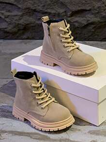 1 Pair Of Simple And Fashionable Small Short Boots, Solid Color Straps, Side Zipper, Sewing Line Style Design, Comfortable Lining, Non-Slip EVA Sole, Suitable For Winter Travel And Play, Versatile Boots Are Unisex - Khaki - View 5