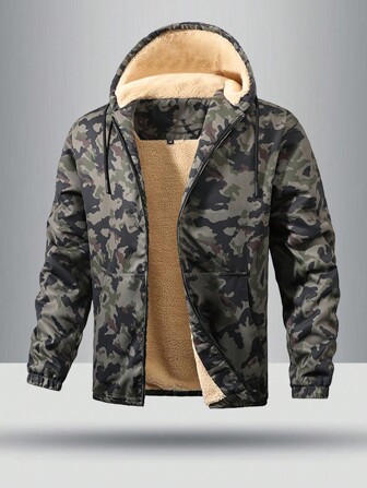 男士迷彩印花保暖内衬连帽风衣夹克，冬季保暖外套，适合秋季