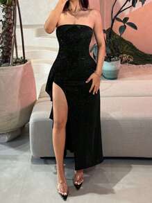 WOWDARK Women Glittery Tube Dress With Side Slit, Autumn,Party Dress,Cocktail