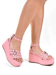 Women's Wedge Sandal With Thick Heel And Eyelets - Hồng - Xem 4