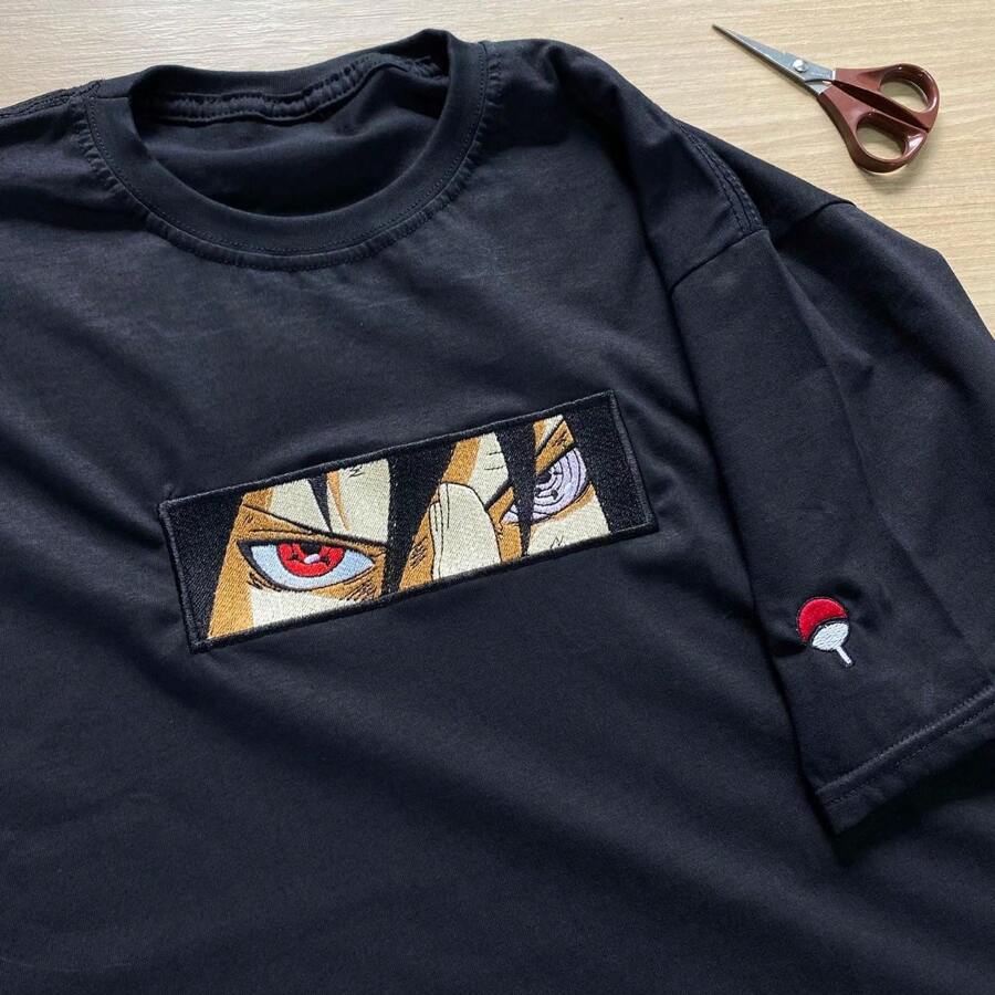 Sasuke Uchiha T-Shirt Embroidered Anime Unisex Blouse 100% Cotton Geek Streetwear - màu đen - Xem 1