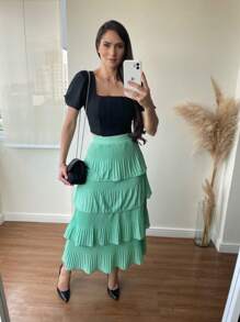 4 Layer Pleated Skirt S-1 - 薄荷綠 - 查看 2
