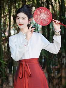 Spring Simple Vintage Chinese Style Embroidery Modern Improved For Chinese Wedding, Chinese New Year, Daily, Street, Commuting, Home And Other Occasions To Wear Hanfu Tops - White - View 1